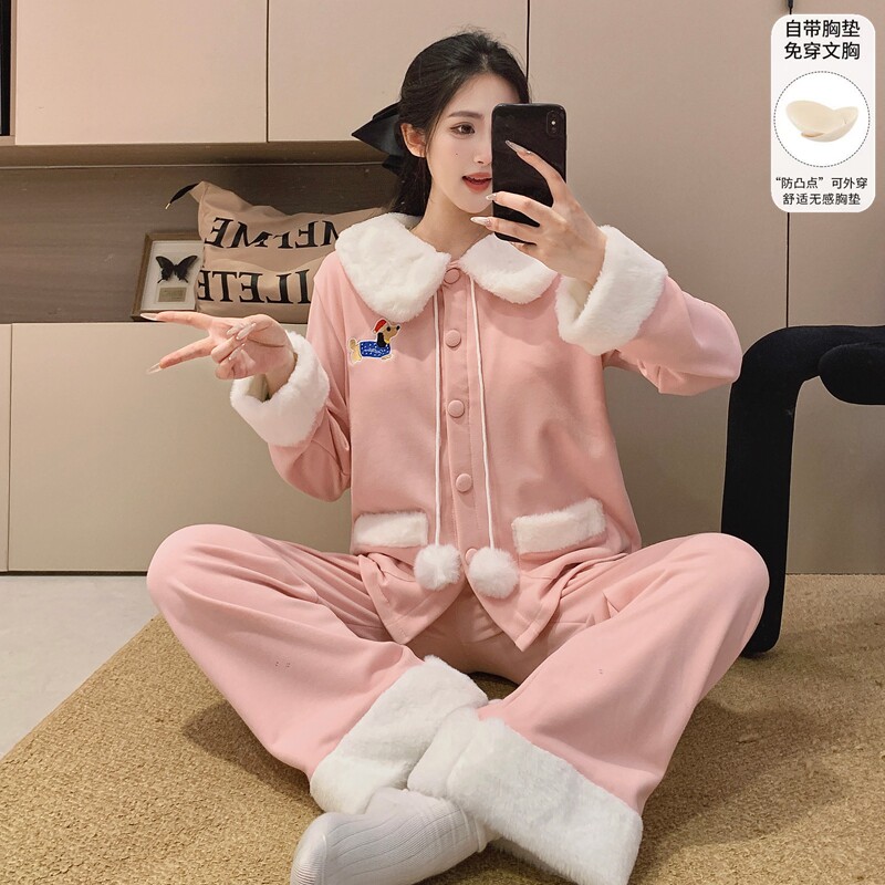 2025冬季新款羊绒毛领开衫睡衣女高级感甜美少女带胸垫家居服套装
