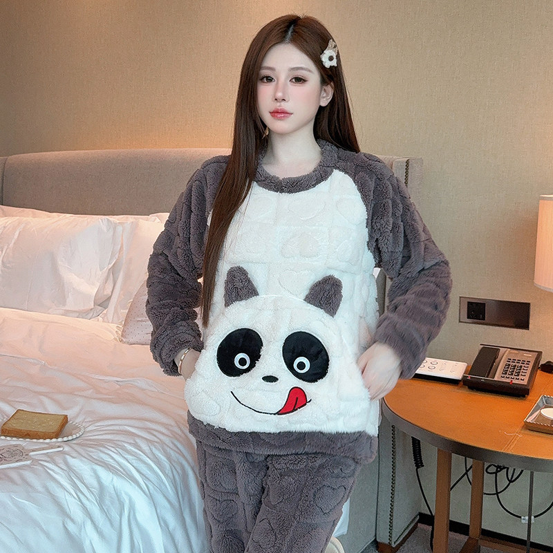 软妹加厚绒法兰绒睡衣女新款秋冬季休闲学生珊瑚绒保暖家居服套装