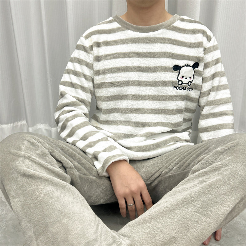 法兰绒男士睡衣秋冬新款圆领套头