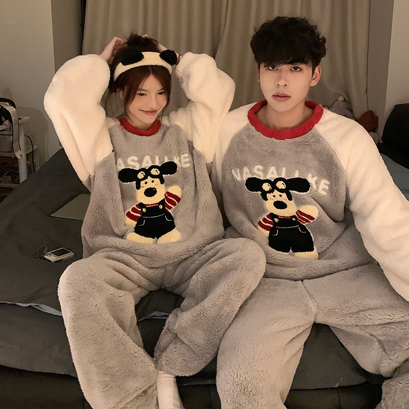 韩系ins风法兰绒情侣睡衣套装