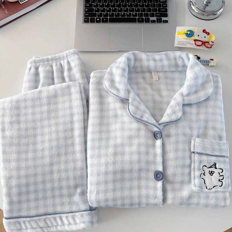 韩系休闲风法兰绒开衫睡衣女套装