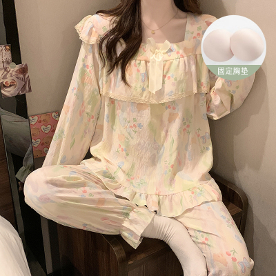 带胸垫睡衣女春秋季提花云朵棉