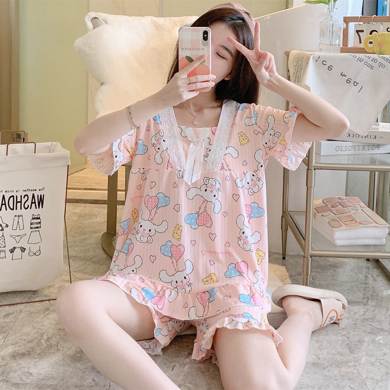 ins风睡衣女短袖家居服套装