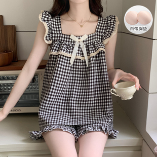 夏季 睡衣女高级感甜美蕾丝花边家居服 云朵棉带胸垫小飞袖 背心短裤