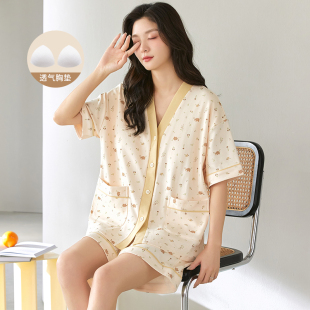 家居服套装 可爱卡通带胸垫和服睡衣女夏季 短裤 短袖 休闲可外穿开衫