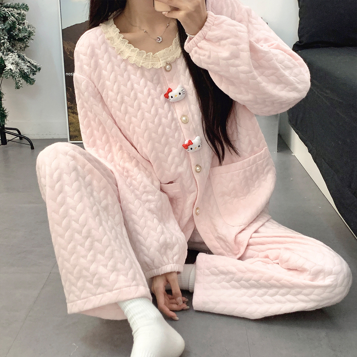 小香风纯色甜美蕾丝边圆领睡衣女