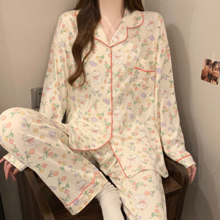 卡通可爱休闲家居服套装 春秋季 睡衣女2025新款 小碎花甜美长袖 开衫