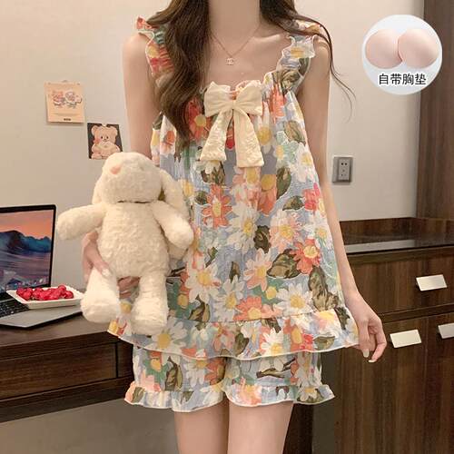 云朵棉睡衣女甜美吊带短裤带胸垫