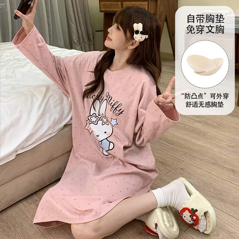 新款韩系风卡通可爱大码睡裙女春秋季圆领长袖带胸垫连衣裙家居服