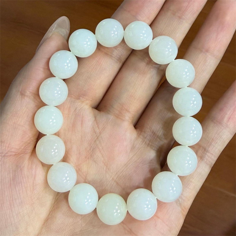 新疆和田羊脂白山料手链 珠子吊坠挂件12MM~和田玉石雕刻培训学校