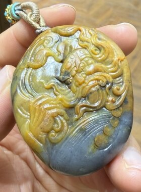 新疆和田黄沁青花籽料钟馗挂件 原石手镯玉石雕刻培训学校1-09