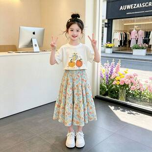 女童夏季套装2026新款中大童学生短袖半身裙学生印花上衣碎花长裙