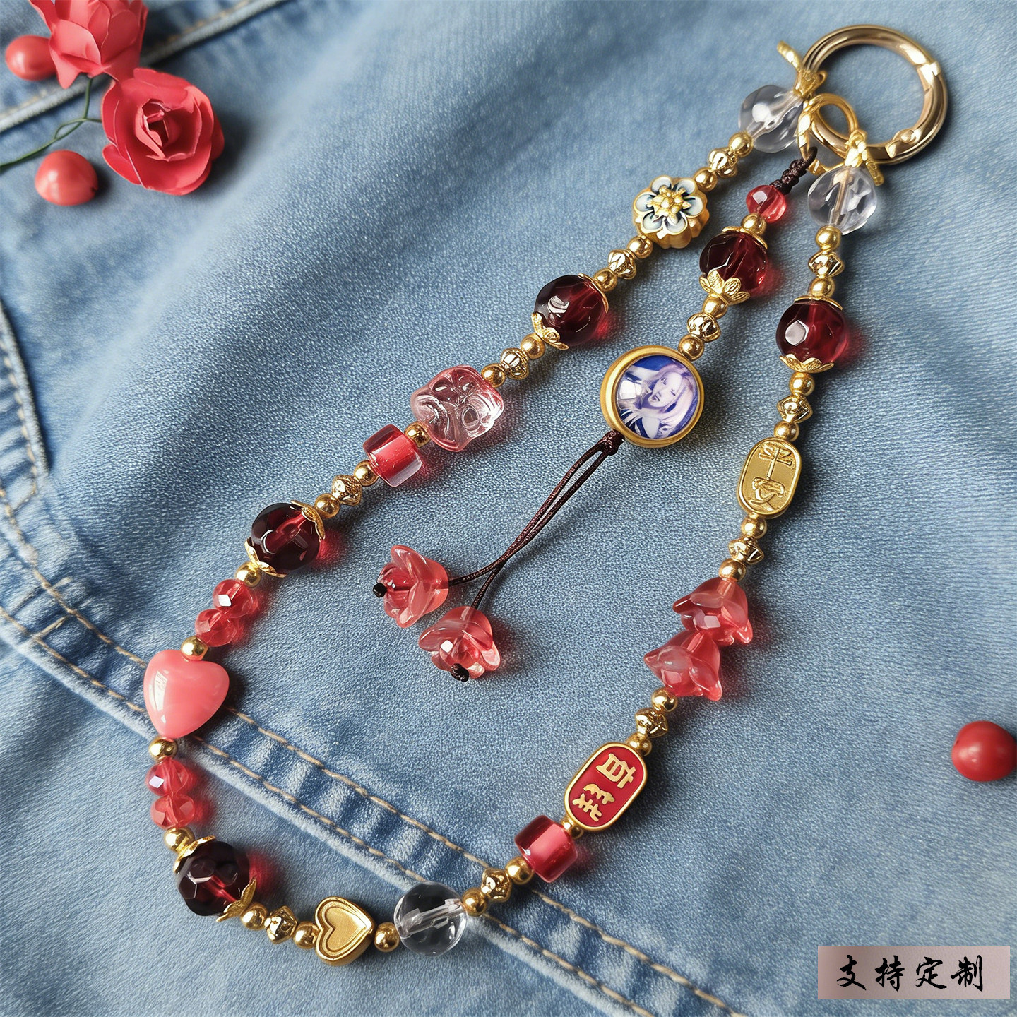 蓝色手机链手工朱运宋慧乔沈梦瑶合金高档挂件中国风放相片diy