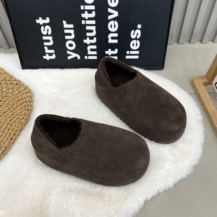 复古2025新款真皮勃肯鞋女厚底内增高时尚加绒一脚蹬丑萌大头棉鞋