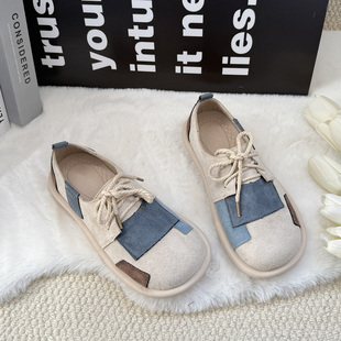 圆头系带学院风女鞋 手工平底低帮单鞋 女2026年新款 森系拼色勃肯鞋