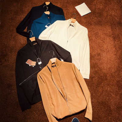 2025秋冬新款叠穿开衫拉链羊毛混纺男休闲美式复古立领针织衫1537