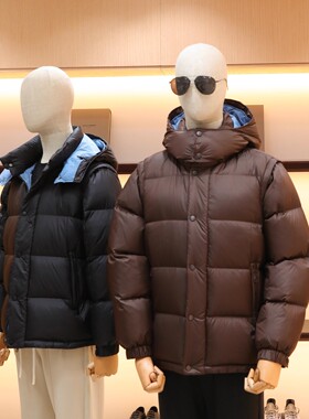 美式可拆卸羽绒服马甲黑色机能连帽背心外套面包棉服男2025冬1420