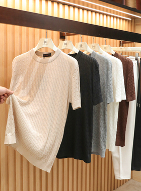 意奢老钱风2026夏季新款男士高级感天丝亚麻提花针织短袖T恤2135