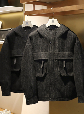国潮暗黑风2024秋冬季新款男士商务休闲羊毛混纺夹克棉服外套9701