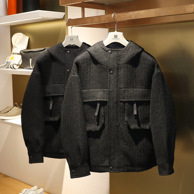 国潮暗黑风2024秋冬季新款男士商务休闲羊毛混纺夹克棉服外套9701