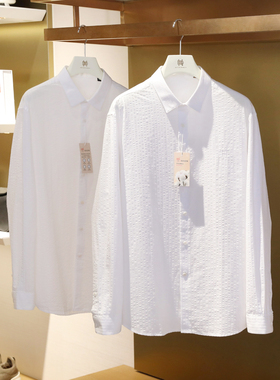 2025春夏季新款男士高级感白色轻奢气质款泡泡纱全棉长袖衬衫1035