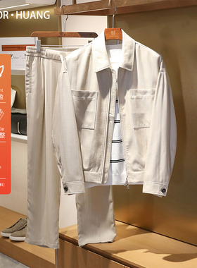 意式奢华2025新款男士高端人字纹天丝亚麻混纺夹克休闲裤套装1278