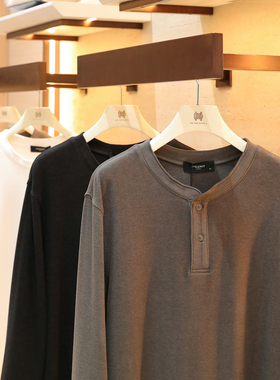 2025秋冬新款老钱风男士高级感内搭T恤宽松亨利领长袖打底衫1703