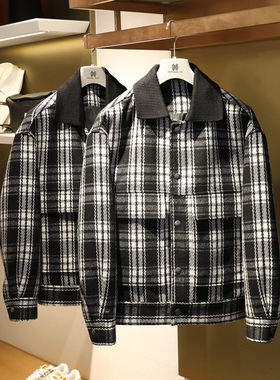 2024春秋季新款男士经典黑白格元素复古翻领羊毛混纺夹克外套9684