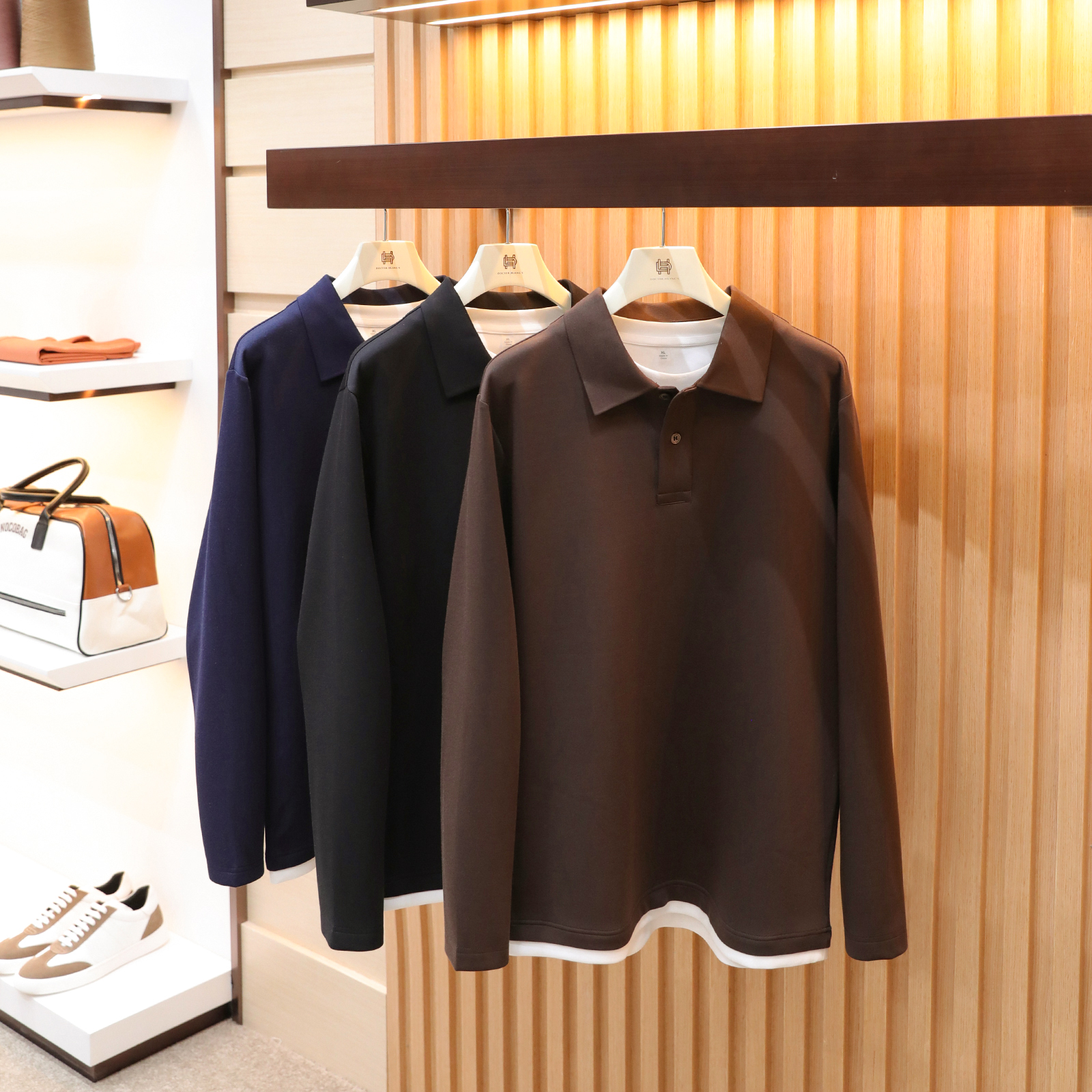 2025秋冬季新款男士内搭假两件设计莫代尔混纺长袖翻领POLO衫1279