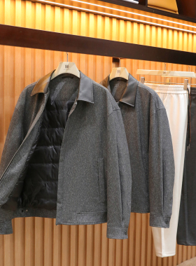 2025秋冬季新款男士老钱风复古巴恩风拼皮翻领夹克羽绒服外套1712