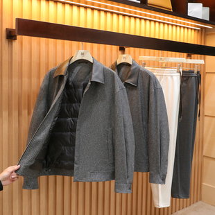 2025秋冬季新款男士老钱风复古巴恩风拼皮翻领夹克羽绒服外套1712