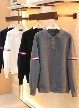 2025秋冬季新款男士美式休闲经典三条杠加厚针织翻领叠穿毛衣1499