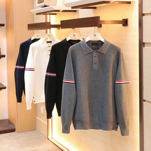 2025秋冬季新款男士美式休闲经典三条杠加厚针织翻领叠穿毛衣1499