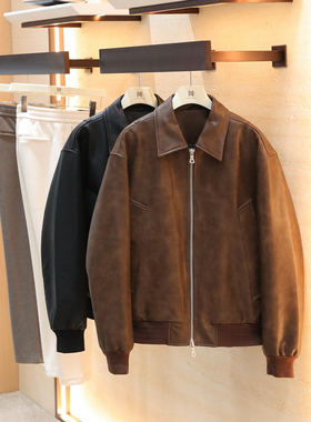 美式机车风2025冬季新款男士复古油蜡PU皮翻领羽绒服夹克外套1574