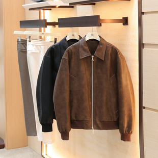 美式机车风2025冬季新款男士复古油蜡PU皮翻领羽绒服夹克外套1574