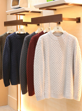 2025秋冬新款男士叠穿全羊毛针织衫粗针麻花织纹圆领打底毛衣1783