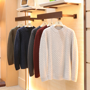 2025秋冬新款男士叠穿全羊毛针织衫粗针麻花织纹圆领打底毛衣1783