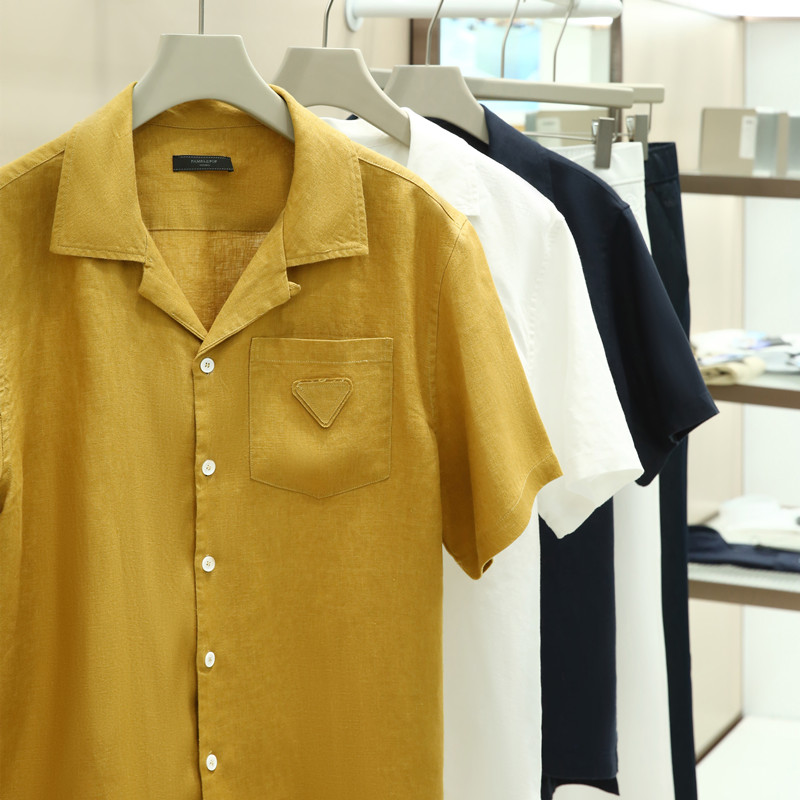 2025夏新款高端100%亚麻经典三角标古巴领廓型亚麻短袖衬衫男1192