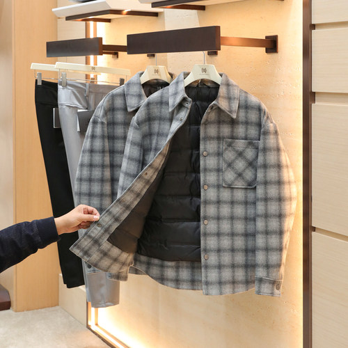 2025秋冬新款男士复古90白鸭绒衬衫式翻领羊毛混纺格纹羽绒服1560