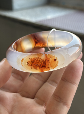 纯天然精品高冰起荧光象形鱼老坑玛瑙手镯口径58mm包邮
