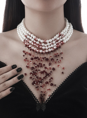 欧美精美饰品 哥特风珍珠项链choker 万圣节血滴流苏水晶锁骨链雅