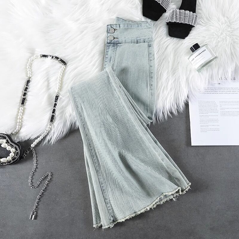 浅色鱼尾喇叭裤女2025年春装新款高腰显瘦爆款小个子微喇牛仔裤女