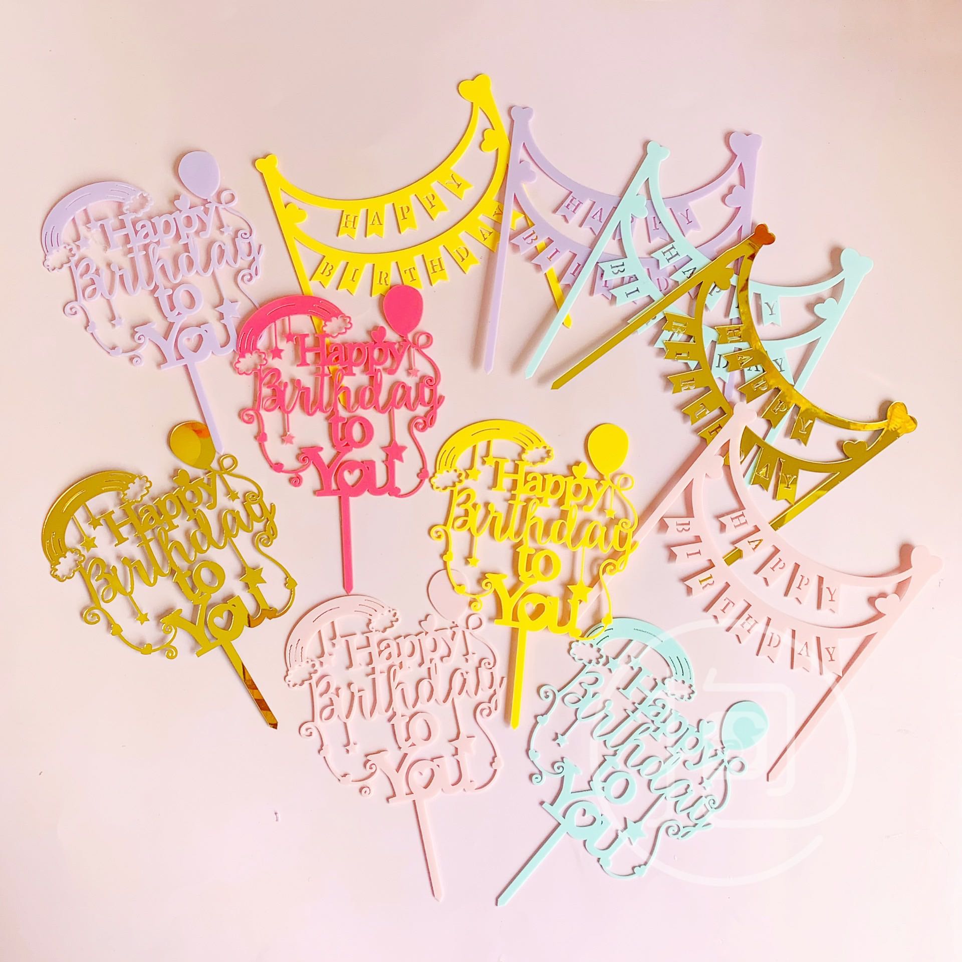 蛋糕装饰插件生日快乐亚克力插牌马卡龙色拉旗彩虹气球艺术字体