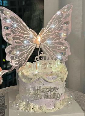 抱抱酱原创版权手工刺绣蝴蝶带灯白色紫色蛋糕装饰配件烘焙插件