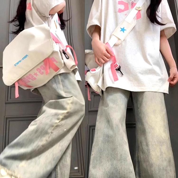 大码美式黄泥色阔腿牛仔裤女秋季胖mm宽松高腰显瘦直筒微喇叭长裤