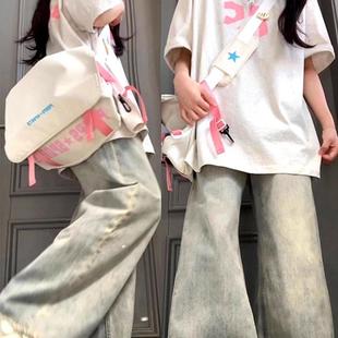 胖mm宽松高腰显瘦直筒微喇叭长裤 大码 女秋季 黄泥色阔腿牛仔裤 美式