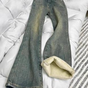 胖mm高腰遮胯弹力微喇马蹄裤 加绒加厚复古蓝直筒牛仔裤 女秋冬大码