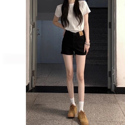 美式黑色牛仔短裤女小个子