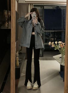 子ins高街潮 显瘦拖地直筒裤 开叉微喇牛仔裤 女春秋小个子高腰修身