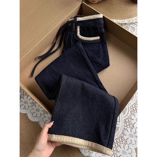 胖妹妹mm高腰宽松显瘦阔腿裤 新款 女冬季 加绒加厚深蓝色直筒牛仔裤